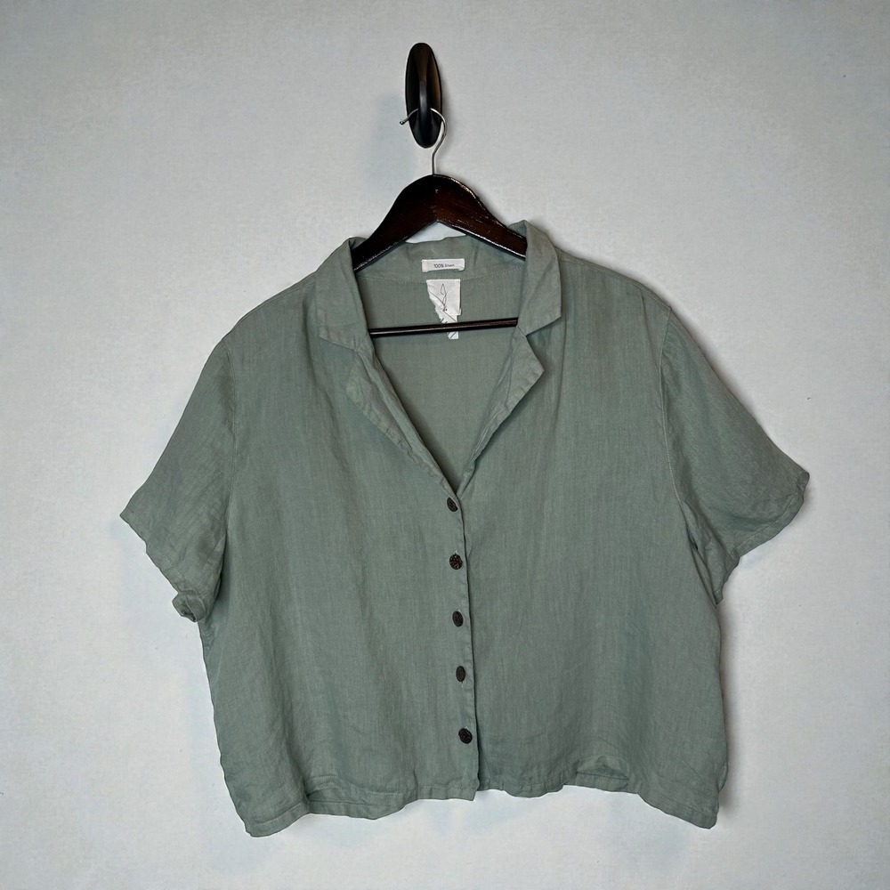 Joie Linen Button Front Boxy Cropped Shirt Sage Green Lagenlook Size XL